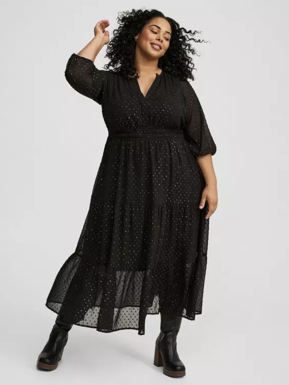 Torrid Black Sheer Dot Maxi Dress with Smocked Waist
